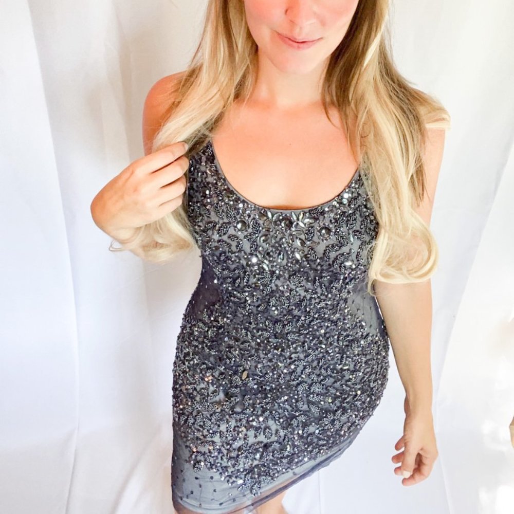 Glitzy, sleeveless, beaded, blue dress